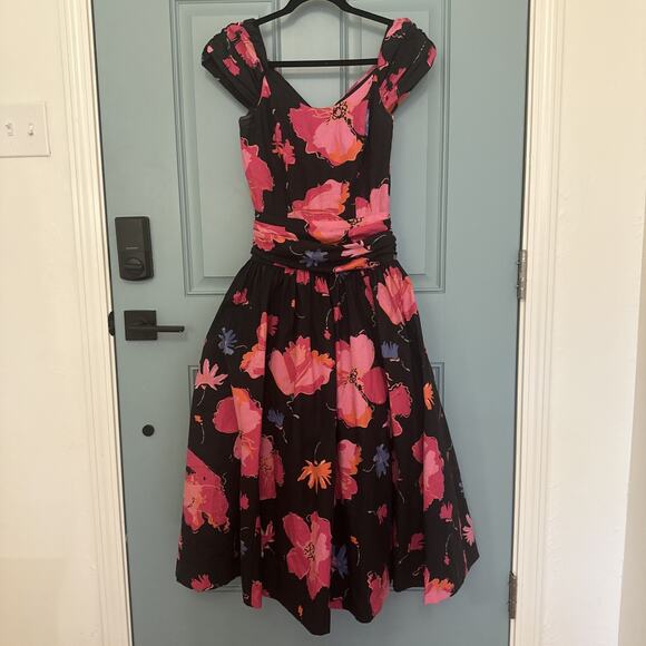 Vintage 1980s‎ Laura Ashley Great Britain Black Pink Floral Dress Full Skirt 8 - Picture 4 of 16